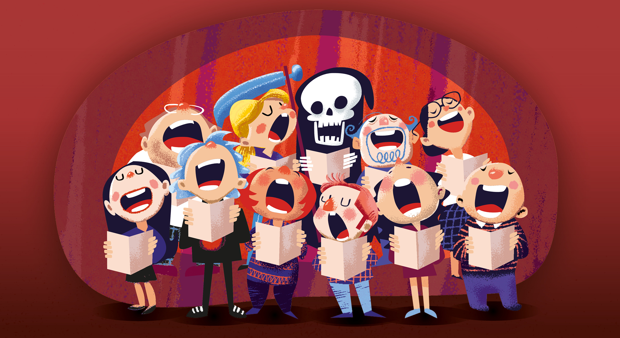 Lustige Illustration eines Chors mit Sensemann als Mitsänger